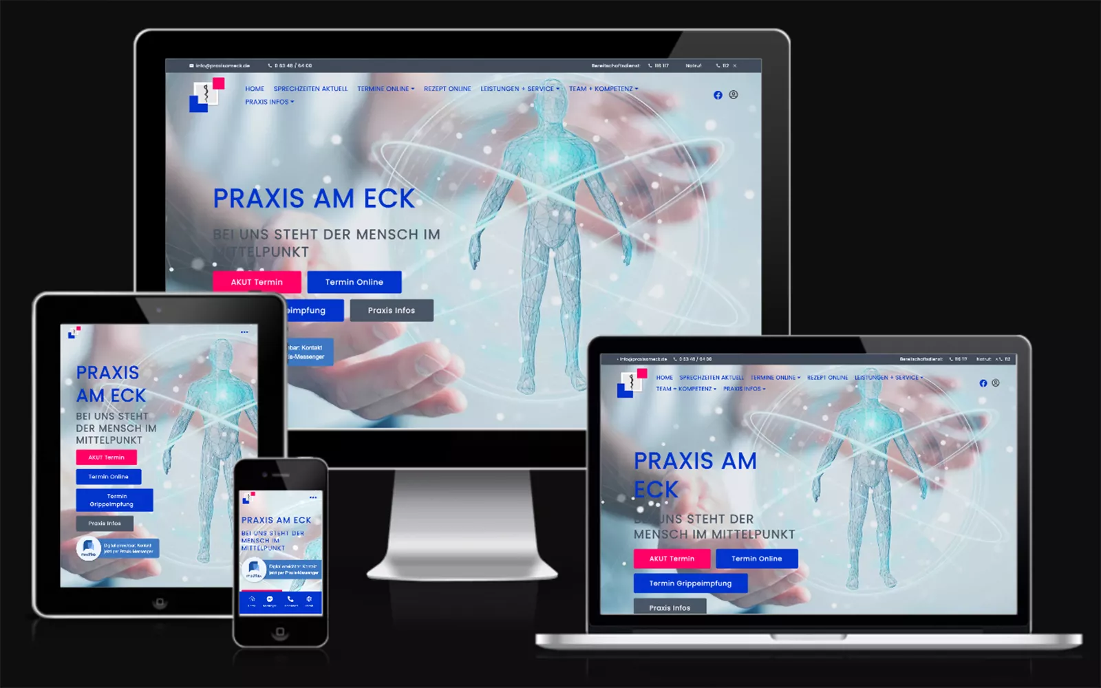Responsive Website der Hausarztpraxis Praxis am Eck auf Desktop, Laptop, Tablet und Smartphone