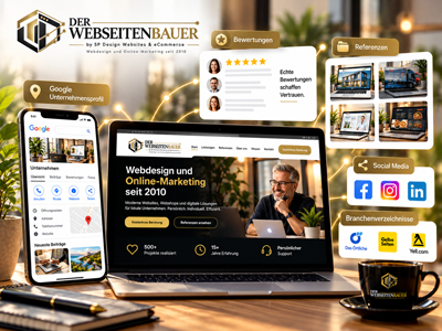 Digitale Vertrauensbildung mit Website, Bewertungen, Unternehmensprofil und persönlichen Kontaktinformationen Digitale Vertrauensbildung mit Website, Bewertungen, Unternehmensprofil und persönlichen Kontaktinformationen
