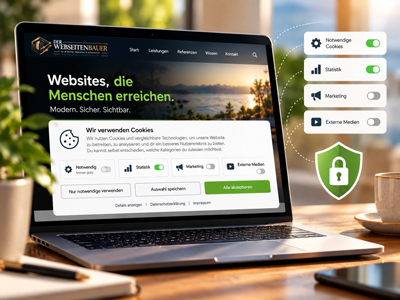 Cookiebanner auf einer modernen Website mit Auswahlmöglichkeiten für Datenschutz und Einwilligungen