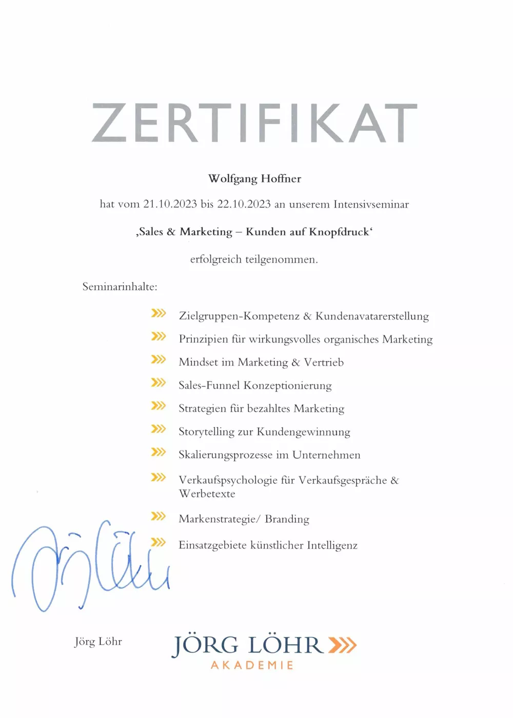 Zertifikat Jörg Löhr Akademie Sales & Marketing