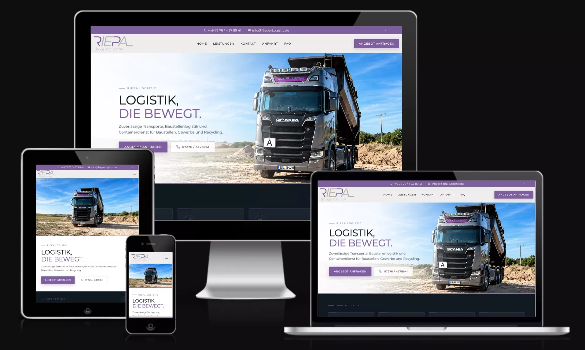 Responsive Website der Riepa Logistic GmbH auf Desktop, Laptop, Tablet und Smartphone