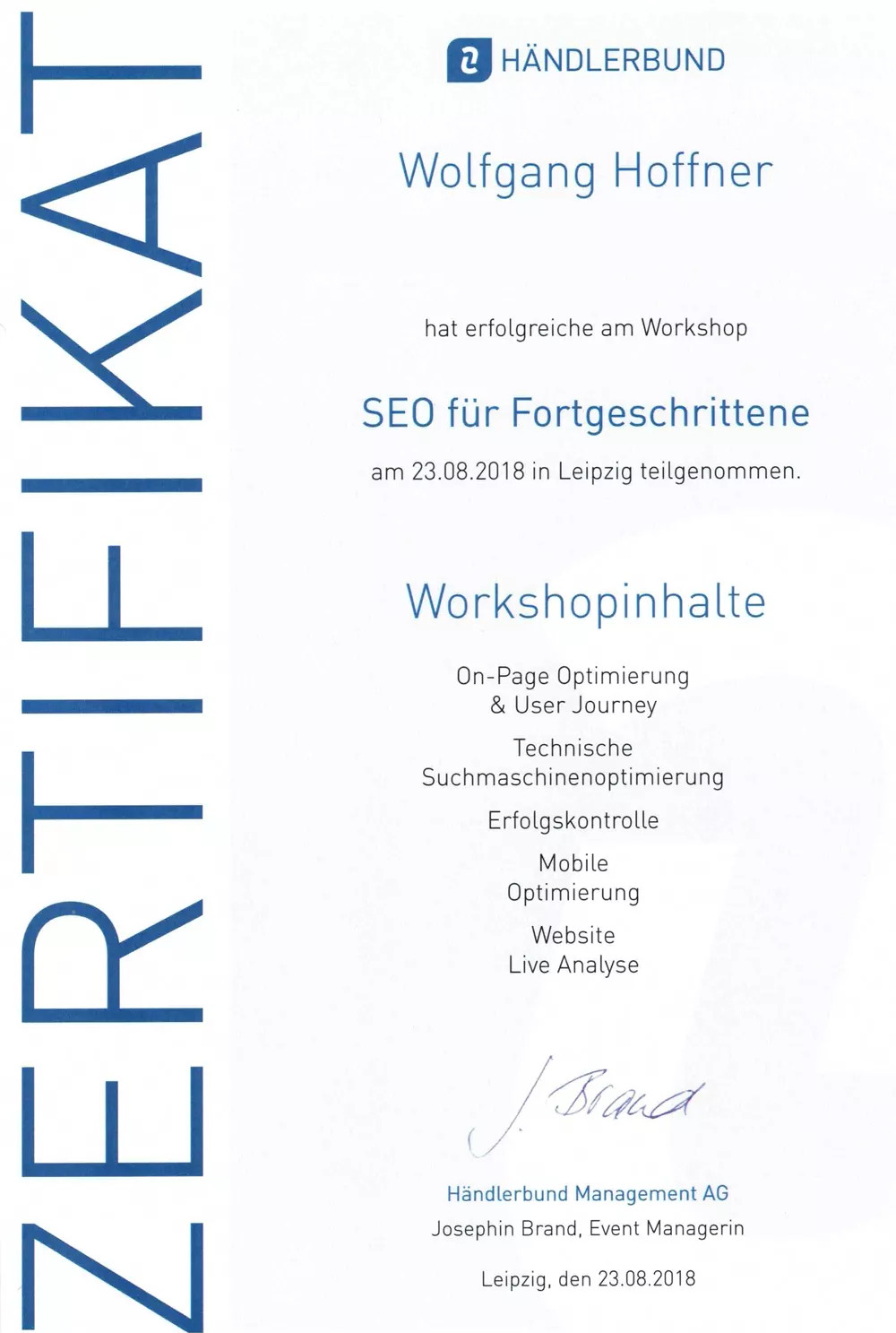 Zertifikat Händlerbund Leipzig Thema SEO für Fortgeschrittene
