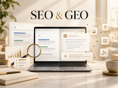 Illustration zum Vergleich von SEO und GEO mit Google-Suche und KI-basierter Suche